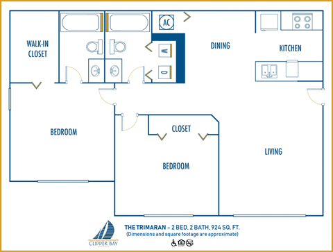 Two bedroom floor plan at Clipper Bay, Tampa, Florida